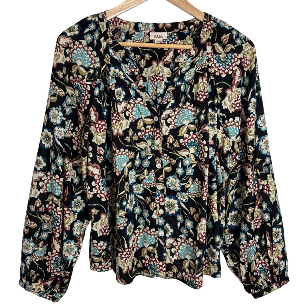 A.N.A. Black Teal Floral Boho Peasant Blouse Top L Cotton - Picture 2 of 10